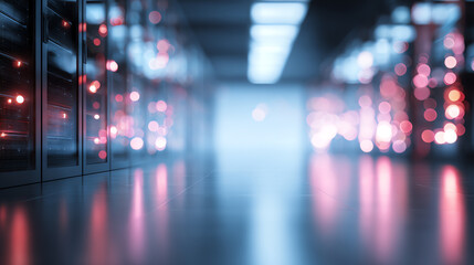 Modern data center with illuminated server racks, showcasing cutting-edge technology and innovation in computing.