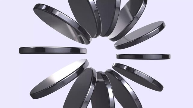 3D Abstract Composition of Floating Metallic Discs in Circular Motion. Modern Geometric Design with Reflective Chrome Rings on White Background.