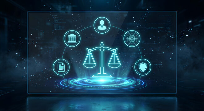 justice scales and legal technology interface with glowing neon icons for law court judge document and security on futuristic digital background representing smart legal services - Powered by Adobe