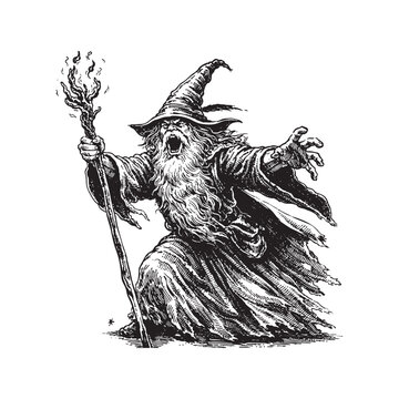 Vintage Retro Hand Drawn Screaming Wizard Casting Magic Spell