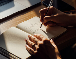 Hands Writing Goals in Minimal Notebook