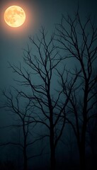 Bare, stark tree silhouettes on a misty, moonlit night, creating an eerie, dreamlike atmosphere,  dreamlike,  spooky