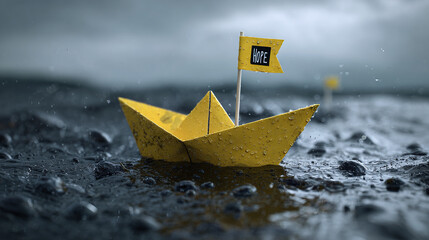 A solitary paper boat, navigating turbulent waters with a flag, symbolizing hope amidst the storm. The vessel boldly ventures across a tumultuous sea