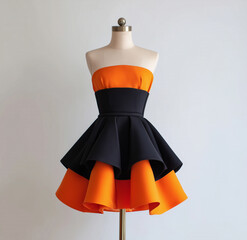A stylish black dress with an orange ruffled hem and a sweetheart neckline is perfect for parties or celebrations.