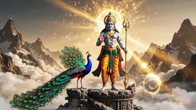 Golden digital art of lord murugan holding his vel, standing with a peacock above misty mountain peaks during thaipoosam.