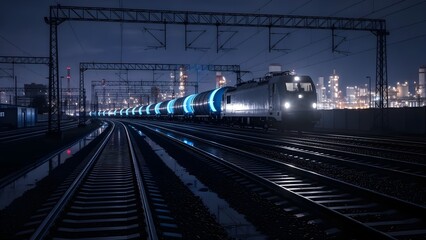 Night Train Journey: Modern Electric Locomotive, Railway Tracks, City Skyline, Dark Moody Lighting, 8K Resolution