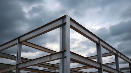 Unfinished steel building skeleton under dramatic heavy overcast storm clouds showcasing industrial construction progress and raw structural elements