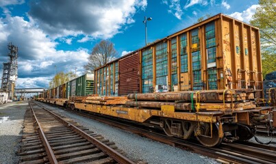 Obraz premium Freight Cars on Transport Rail Track Under Cloudy Sky at Industrial Location