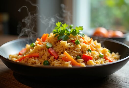 Colorful Egg Fried Rice Vegetables Epicurean Stir-Fry Artisan Creation Wholesome Culinary Delight