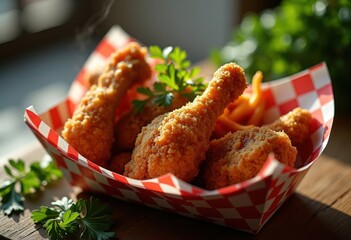 Crispy Fried Chicken Golden Coating Checkered Paper Tray Street Food Indulgence