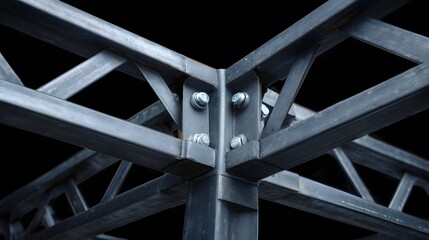 Detailed close up of a sturdy industrial metal truss structure featuring strong bolted joints and reinforcing beams against a dark abstract