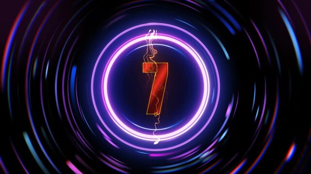 Glowing neon number seven in purple circle on dark background with swirling light effects