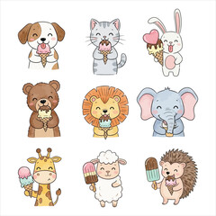 Fototapeta premium Cute Animals Enjoying Ice Cream vector illustration