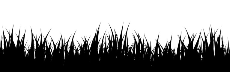 Fototapeta premium Meadow silhouette with grass, plants on plain. Panoramic summer lawn landscape with herbs, various weeds. Herbal border, frame element. Black horizontal banners. Vector illustration