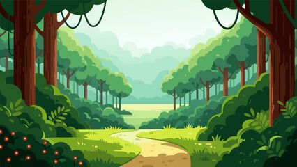 Obraz premium Beautiful jungle landscape vector illustration of a serene pathway through lush green trees and foliage with vibrant flowers
