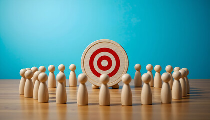 Target audience and customer segmentation concept with wooden figures and bullseye for business marketing strategy website banner