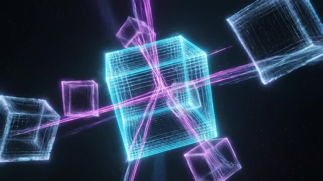 Neon wireframe cubes in space