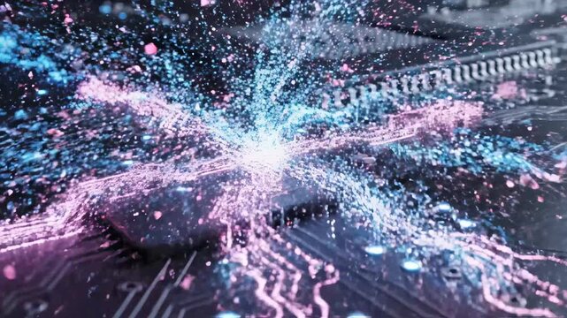 Circuit board with glowing data stream