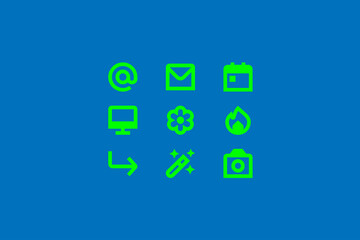 Collection of green icons on a blue background including @ symbol, envelope, calendar, computer monitor, flower, flame, arrow, magic wand, and camera illustration