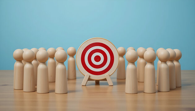 Target audience marketing strategy concept with wooden figures and bullseye icon for business growth website banner - Powered by Adobe