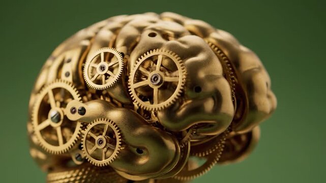 An anatomical brain made of intricate clockwork gears exhibits surreal, absurdly complex mechanics with a touch of silliness.