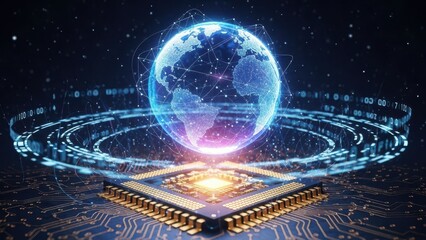 Futuristic glowing earth globe with radiant beams and digital cityscape network connections