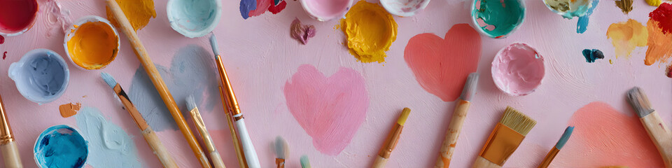 Top view of painting supplies with brushes, heart paint drawing. Valentine day art and craft hobby. Romantic creative concept.