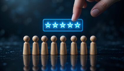 Customer service excellence and 5 star rating feedback concept with hand touching digital interface for business reputation management website header