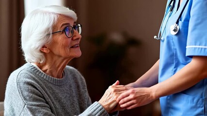 Elderly woman holding hands with caregiver