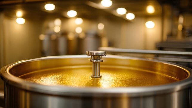 Close up of a large metallic industrial tank filled with golden liquid and an agitator mechanism with warm lights in the background