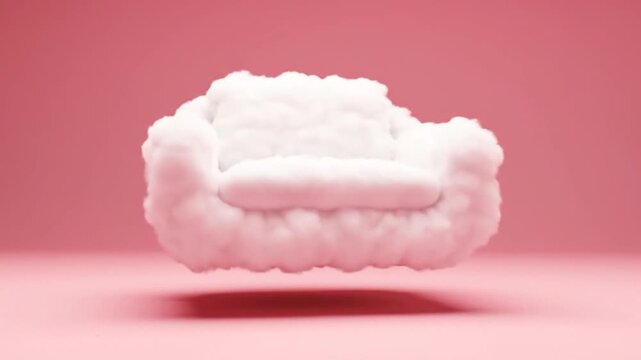 A surreal lounge chair absurdly crafted from a single dense cloud floats inches above the ground, embracing silliness in its whimsical design.