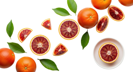 Fresh vibrant red/orange blood oranges, whole, halved, sliced, with bright green leaves on transparent background, high-key studio photo, concept of healthy wholesome nourishment