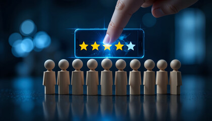 Customer experience rating and employee performance evaluation concept with glowing five star interface for corporate feedback website landing page