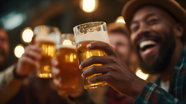 African american man toasting beer glass with friends. Happy group of male celebrating together. Social gathering concept. - Powered by Adobe