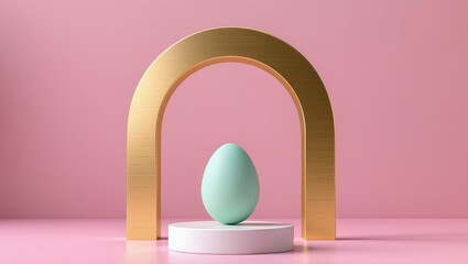 Blue Easter egg on white podium with gold arch. Concept of spring holiday celebration with pastel decorations. Happy Easter.