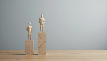 Career growth and corporate competition concept with wooden figures on different heights of pedestals for business leadership coaching website banner