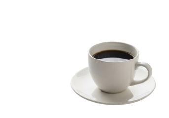 A perfect white ceramic coffee mug with dark black coffee on a matching glossy saucer, isolated against a transparent studio background with copy space, serene daily ritual and relaxation