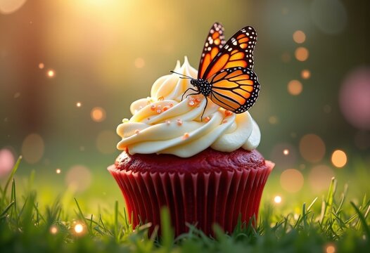 Richly Decadent Red Velvet Cupcake Topped with Lush Cream Frosting in Whimsical Setting