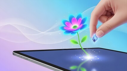 Digital Flower Growth: Hand Planting Glowing Blossom on Tablet, Futuristic Tech, Bright Neon Light