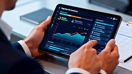 Businessman using tablet with data charts - Powered by Adobe