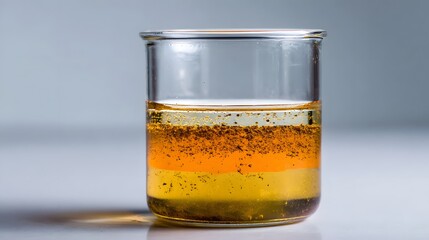 Layered liquids of varying colors and densities separate within a clear laboratory beaker