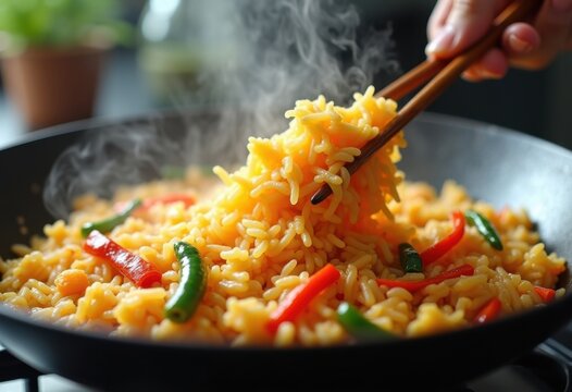 Sizzling Fried Rice Stirred in Wok Pan with Colorful Vegetables and Fluffy Scrambled Egg