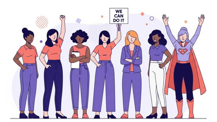 A diverse group of empowered women standing together in solidarity and strength, with one holding a motivational sign.