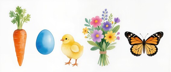 Carrot, blue egg, cute chick, colorful flower bouquet, butterfly for Easter greeting card. Spring nature symbol illustration.
