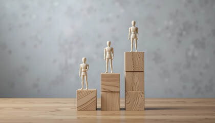 Business growth and career progression concept with wooden figures on rising blocks for corporate leadership coaching website banner