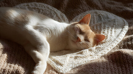 Cat asleep on heart shaped knitted pillow in sunlight. Warm pet nap for St. Valentine’s Day, cozy concept for love and comfort.