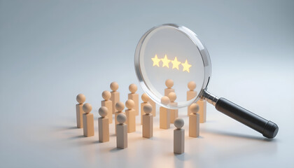 Employee performance review and talent recruitment concept with magnifying glass and star rating for HR corporate landing page