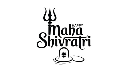 Fototapeta premium Happy maha shivratri typography with trishul and shivling symbol, black and white hindu religious festival calligraphy design isolated on white