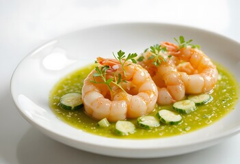Two perfectly cooked shrimp served in a vibrant green sauce with sliced cucumber garnish on a white plate. aguachile