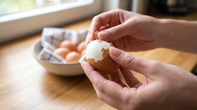 Woman peeling boiled egg with hands. Cooking food preparation for Easter holiday. Healthy eating and breakfast concept.